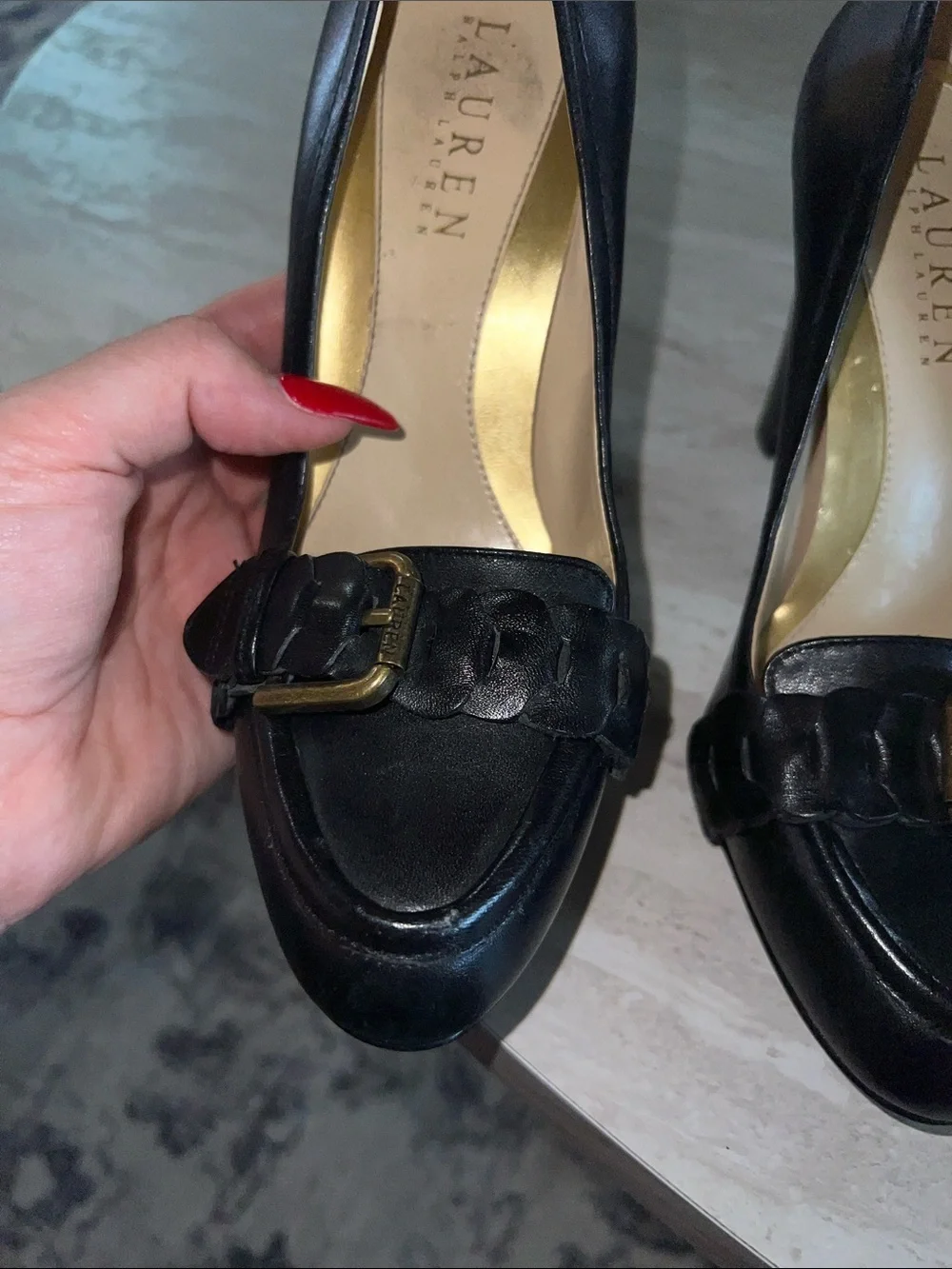 Lauren Ralph Lauren Black Leather Braided Buckle Pumps